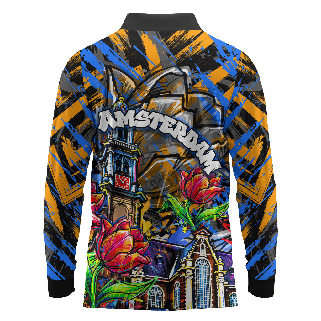 Amsterdam Dutch Republic Netherlands Long Sleeve Polo Shirt Urban Graffiti Patriotic Landmark Tulips