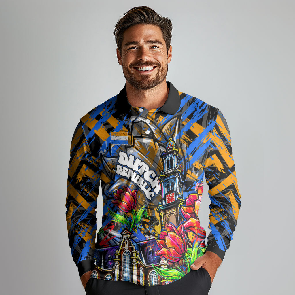 Amsterdam Dutch Republic Netherlands Long Sleeve Polo Shirt Urban Graffiti Patriotic Landmark Tulips