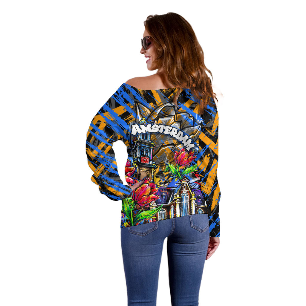 Amsterdam Dutch Republic Netherlands Off Shoulder Sweater Urban Graffiti Patriotic Landmark Tulips