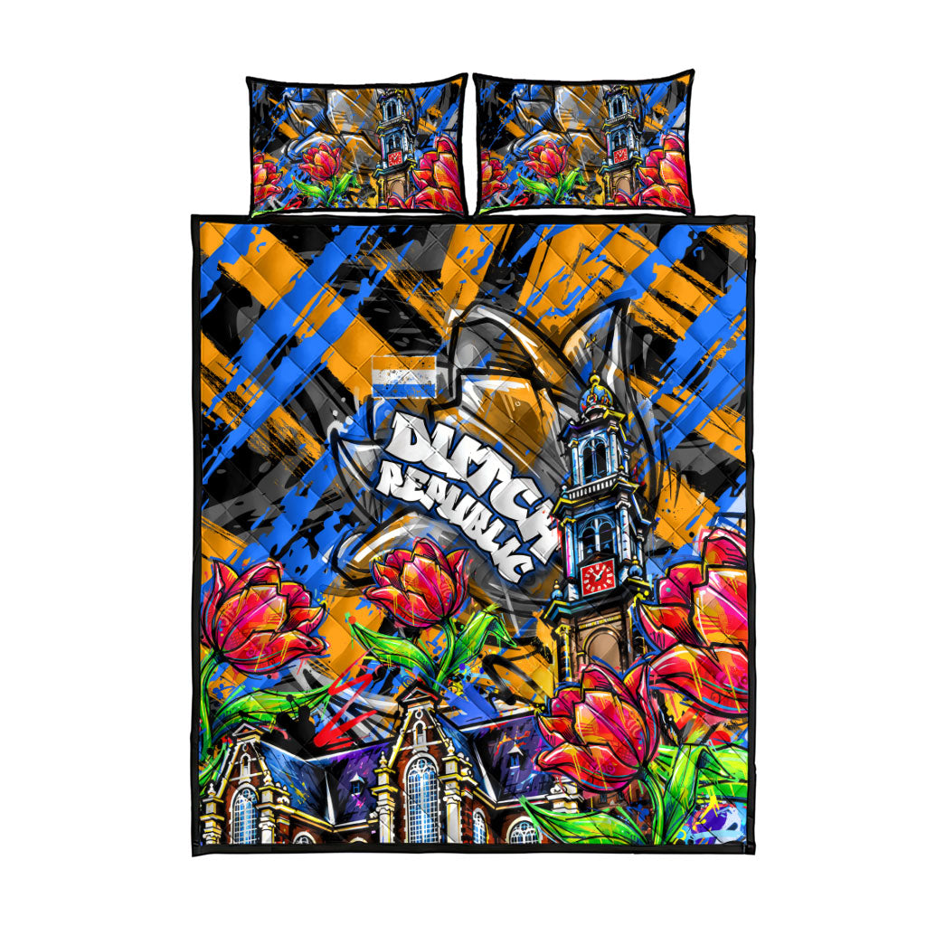 Amsterdam Dutch Republic Netherlands Quilt Bed Set Urban Graffiti Patriotic Landmark Tulips