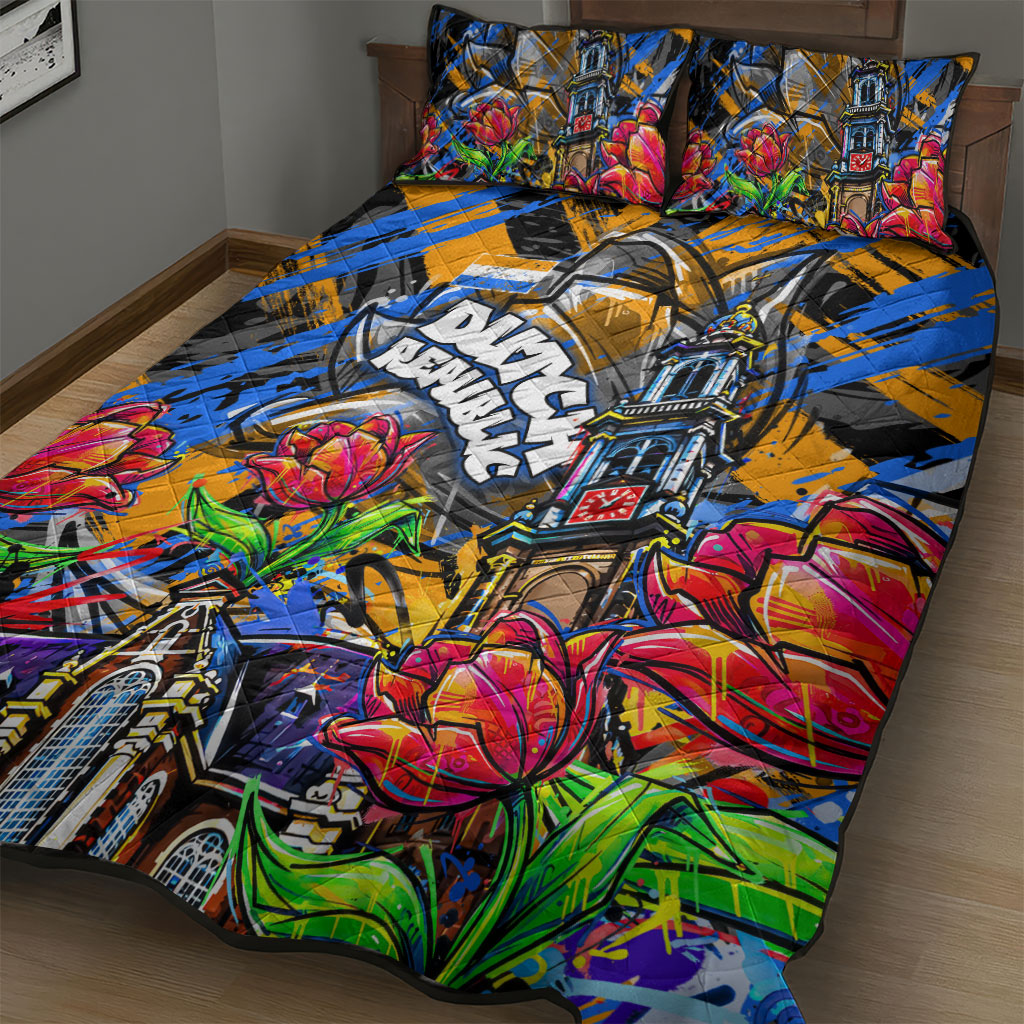 Amsterdam Dutch Republic Netherlands Quilt Bed Set Urban Graffiti Patriotic Landmark Tulips