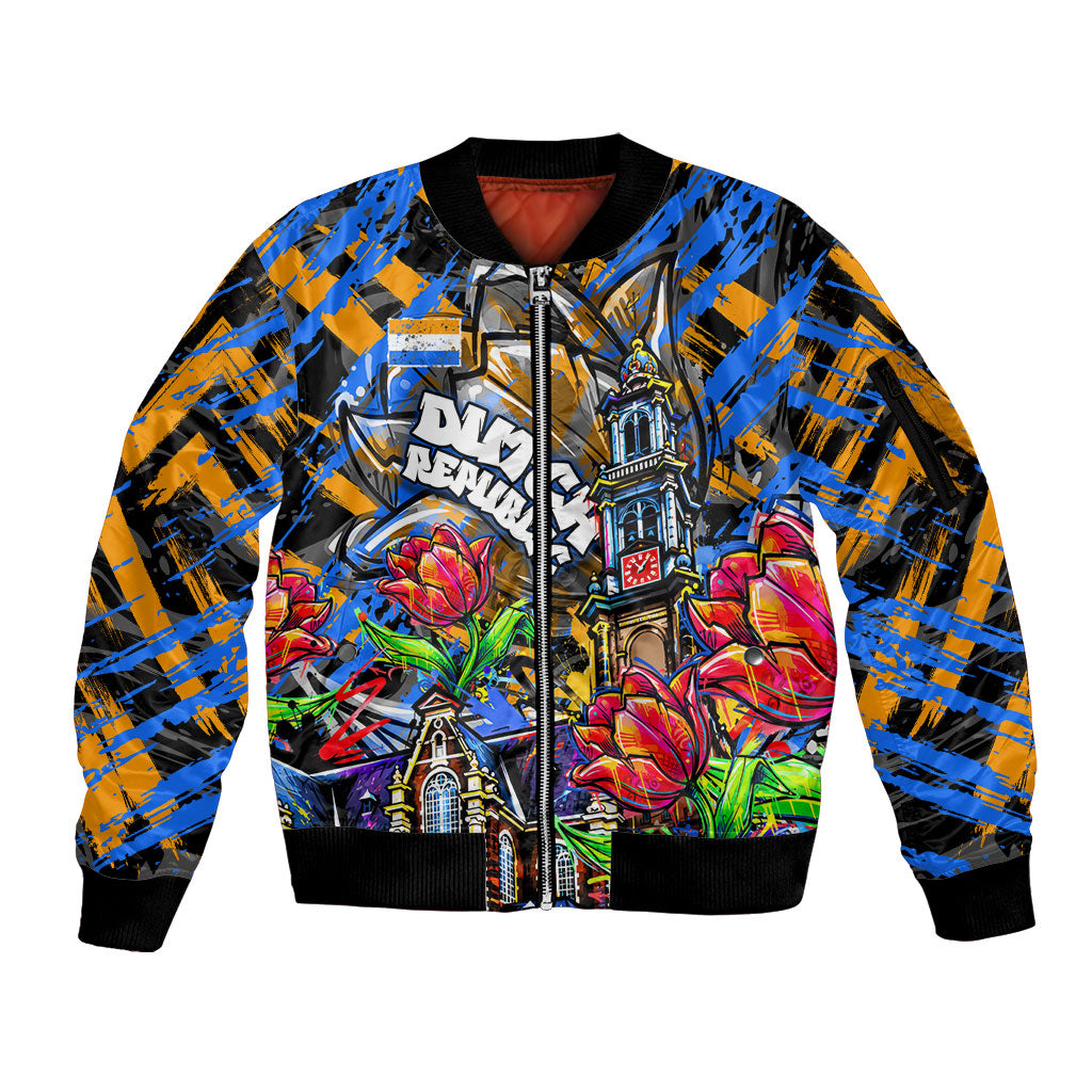Amsterdam Dutch Republic Netherlands Sleeve Zip Bomber Jacket Urban Graffiti Patriotic Landmark Tulips