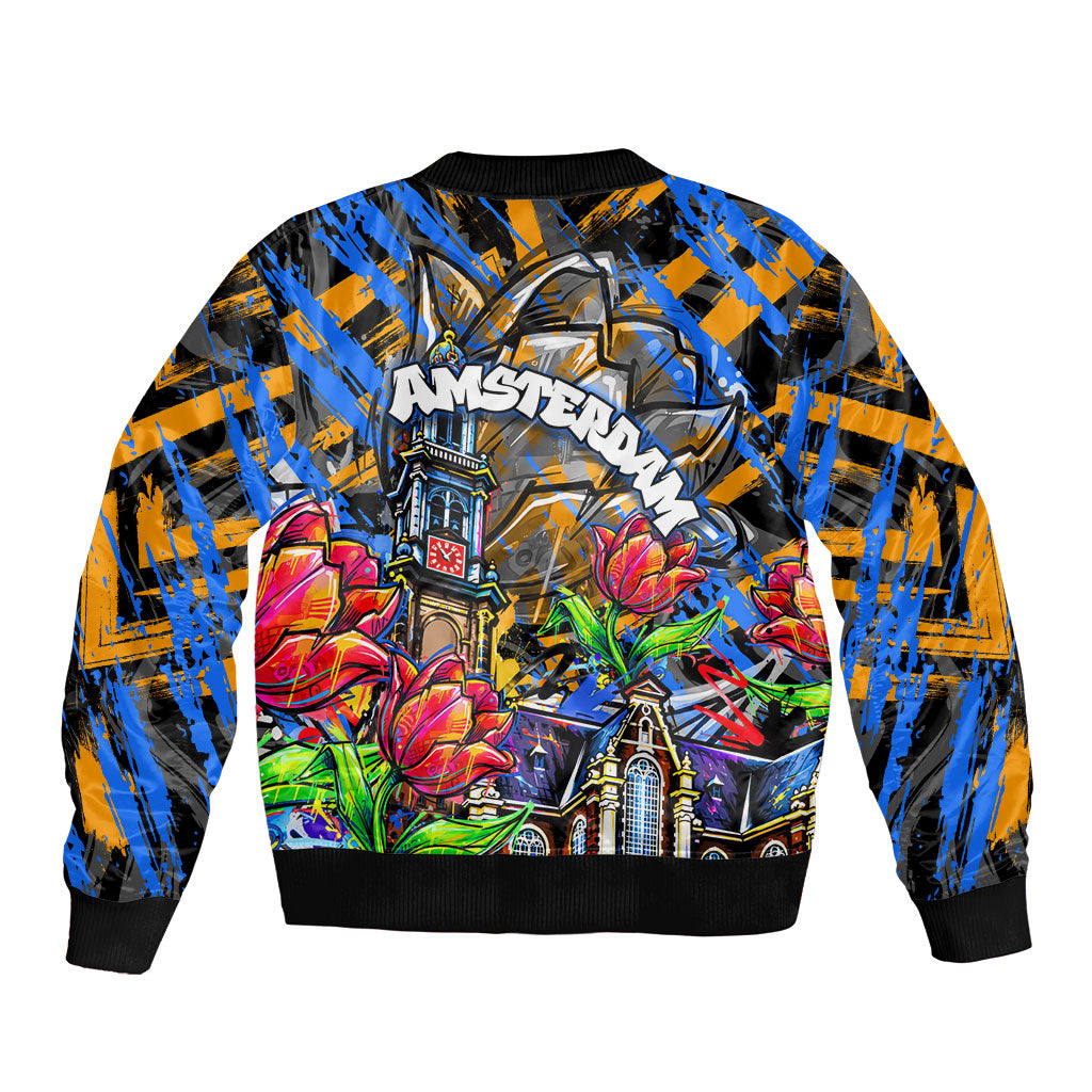 Amsterdam Dutch Republic Netherlands Sleeve Zip Bomber Jacket Urban Graffiti Patriotic Landmark Tulips