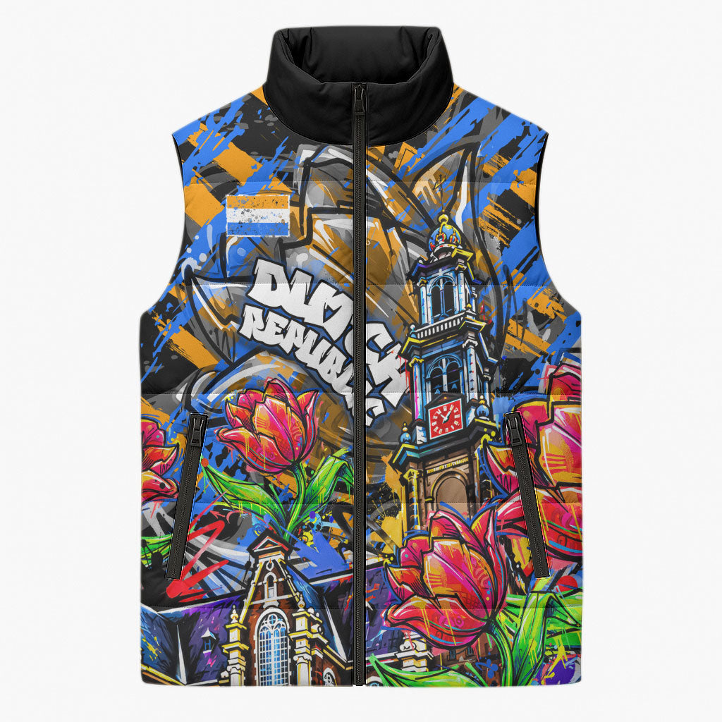 Amsterdam Dutch Republic Netherlands Sleeveless Puffer Jacket Urban Graffiti Patriotic Landmark Tulips