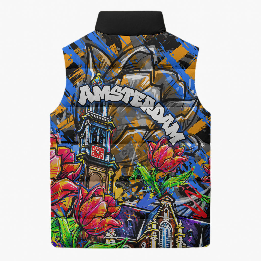 Amsterdam Dutch Republic Netherlands Sleeveless Puffer Jacket Urban Graffiti Patriotic Landmark Tulips