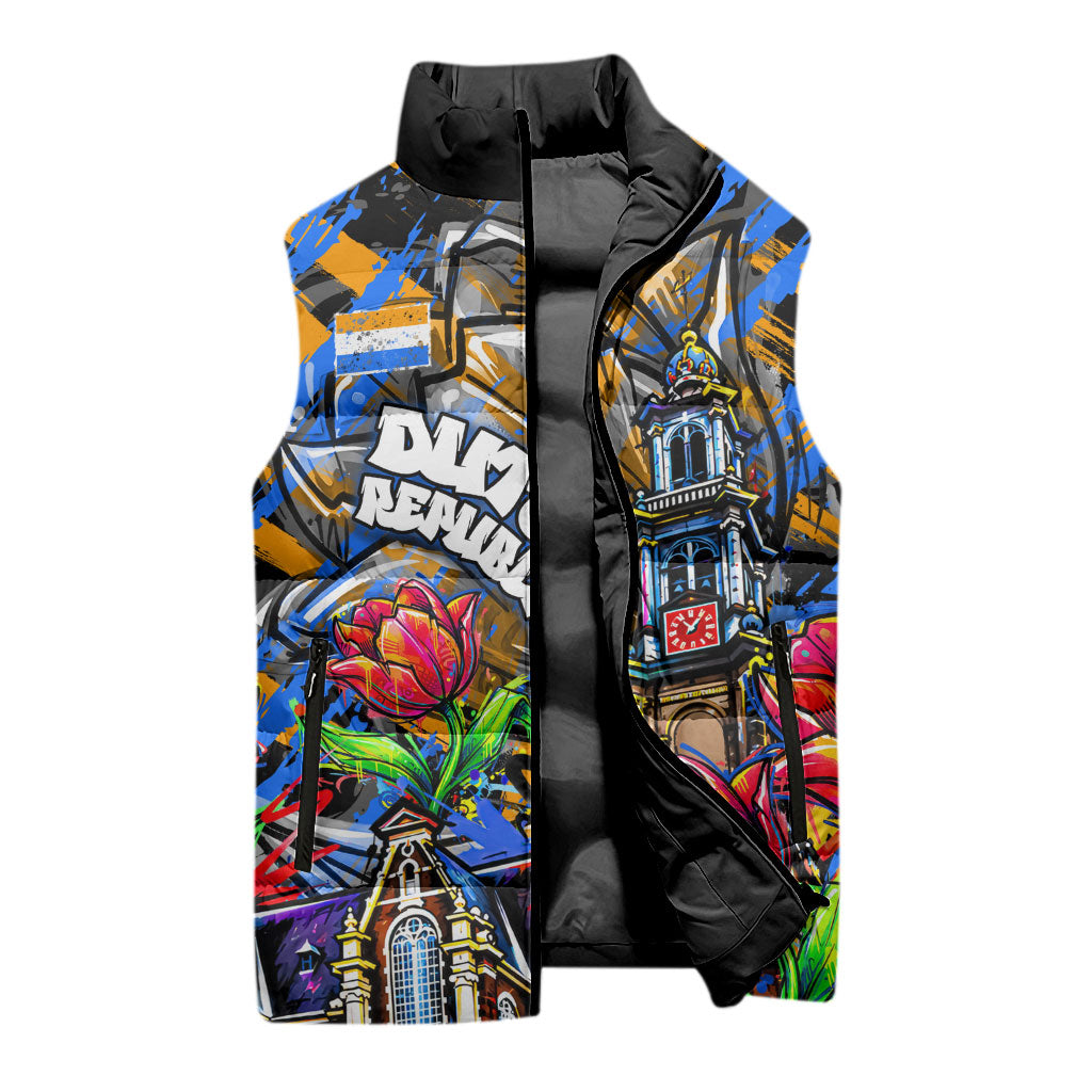 Amsterdam Dutch Republic Netherlands Sleeveless Puffer Jacket Urban Graffiti Patriotic Landmark Tulips