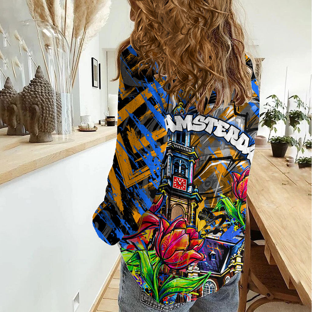 Amsterdam Dutch Republic Netherlands Women Casual Shirt Urban Graffiti Patriotic Landmark Tulips