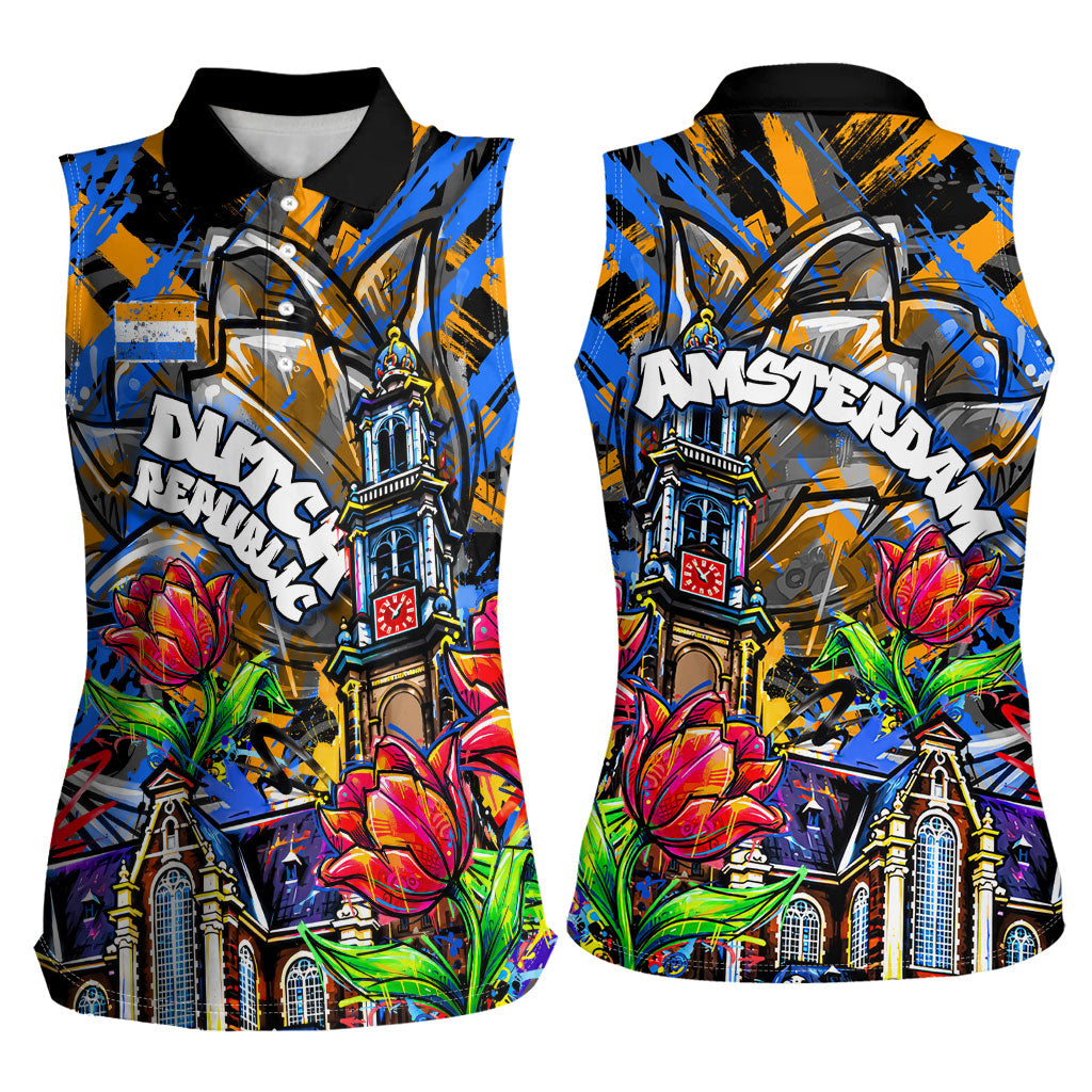 Amsterdam Dutch Republic Netherlands Women Sleeveless Polo Shirt Urban Graffiti Patriotic Landmark Tulips