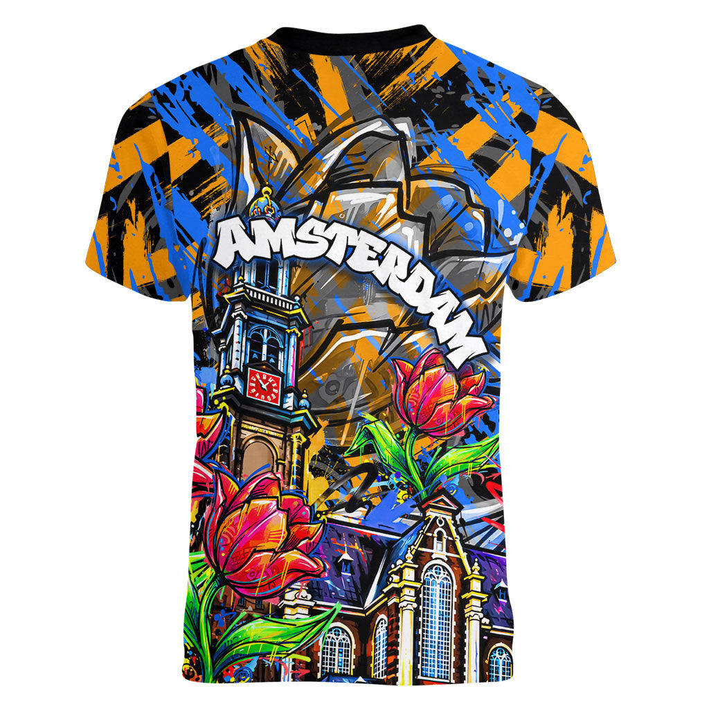 Amsterdam Dutch Republic Netherlands Women V-Neck T-Shirt Urban Graffiti Patriotic Landmark Tulips