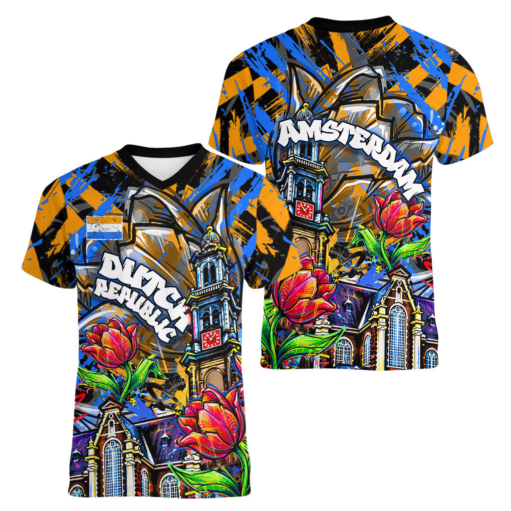 Amsterdam Dutch Republic Netherlands Women V-Neck T-Shirt Urban Graffiti Patriotic Landmark Tulips
