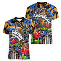 Amsterdam Dutch Republic Netherlands Women V-Neck T-Shirt Urban Graffiti Patriotic Landmark Tulips