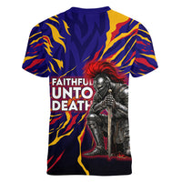 DeMolay 1919 Women V-Neck T-Shirt Knight Faith Unto Death Graphic Art