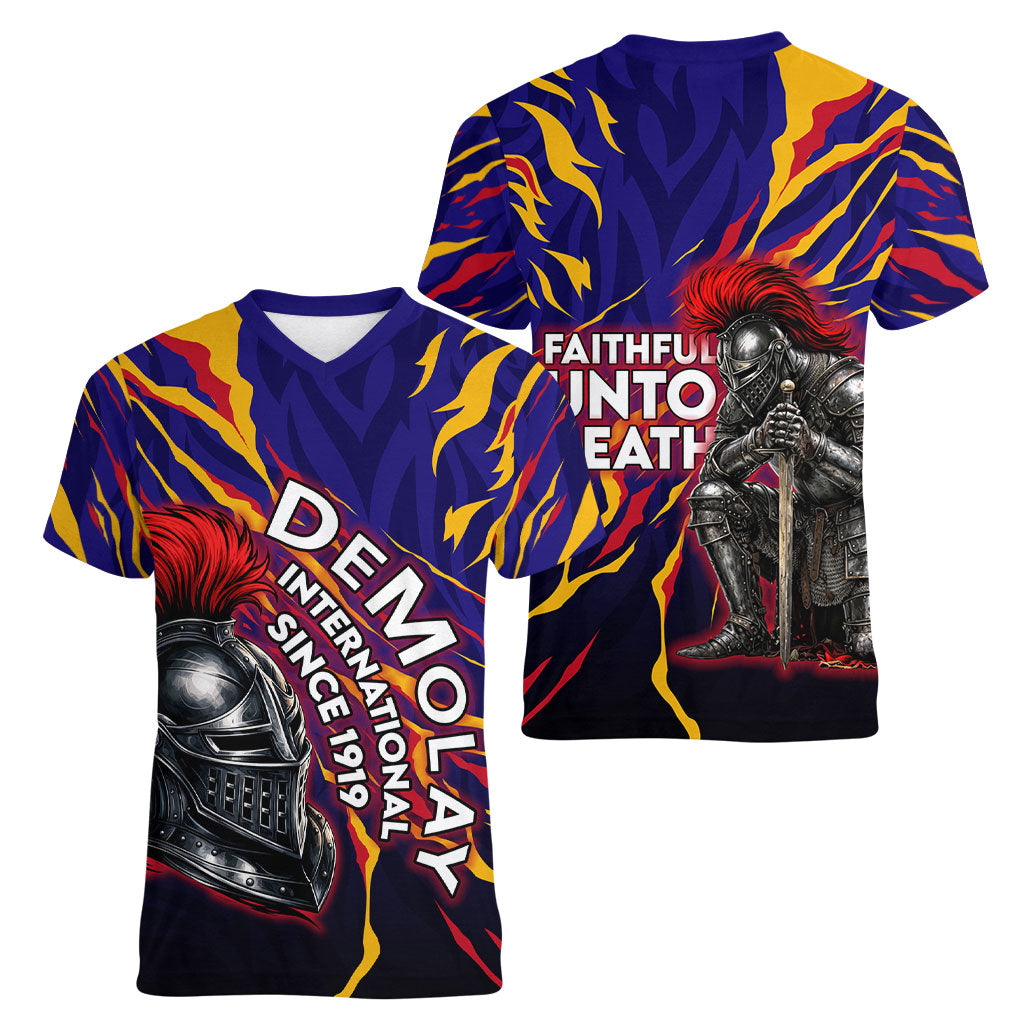 DeMolay 1919 Women V-Neck T-Shirt Knight Faith Unto Death Graphic Art