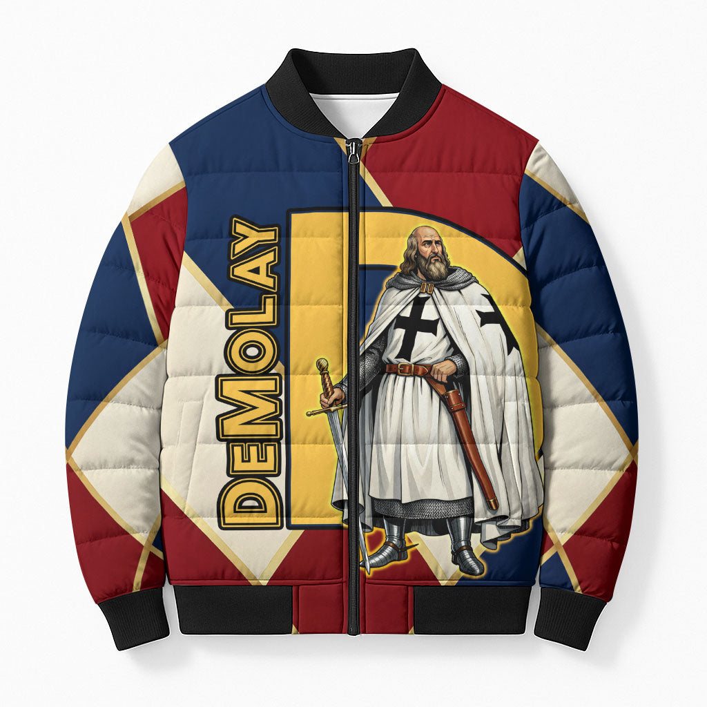 Jacques De Molay Bomber Puffer Jacket Crusader Knight Retro Virtues Seven Precepts