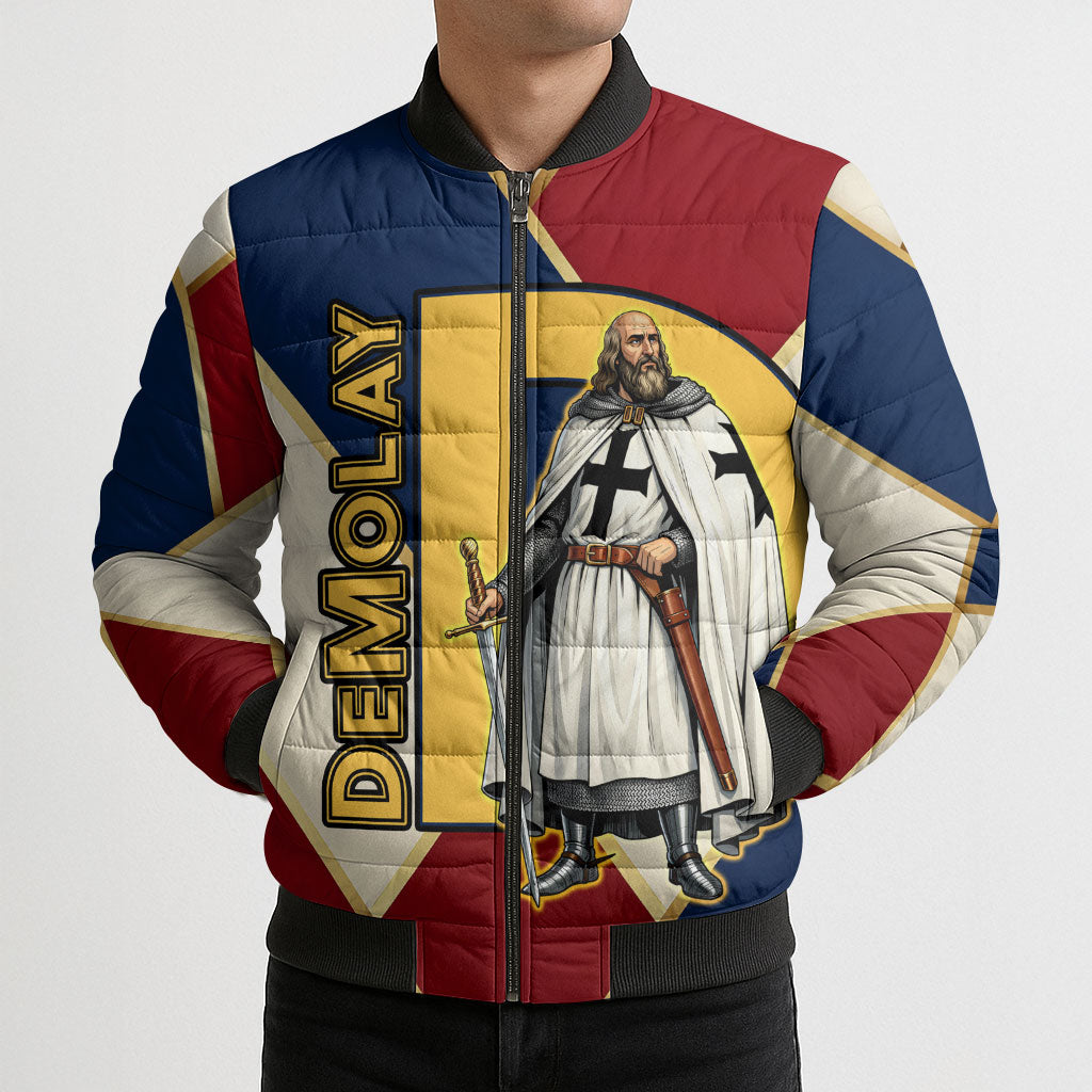 Jacques De Molay Bomber Puffer Jacket Crusader Knight Retro Virtues Seven Precepts