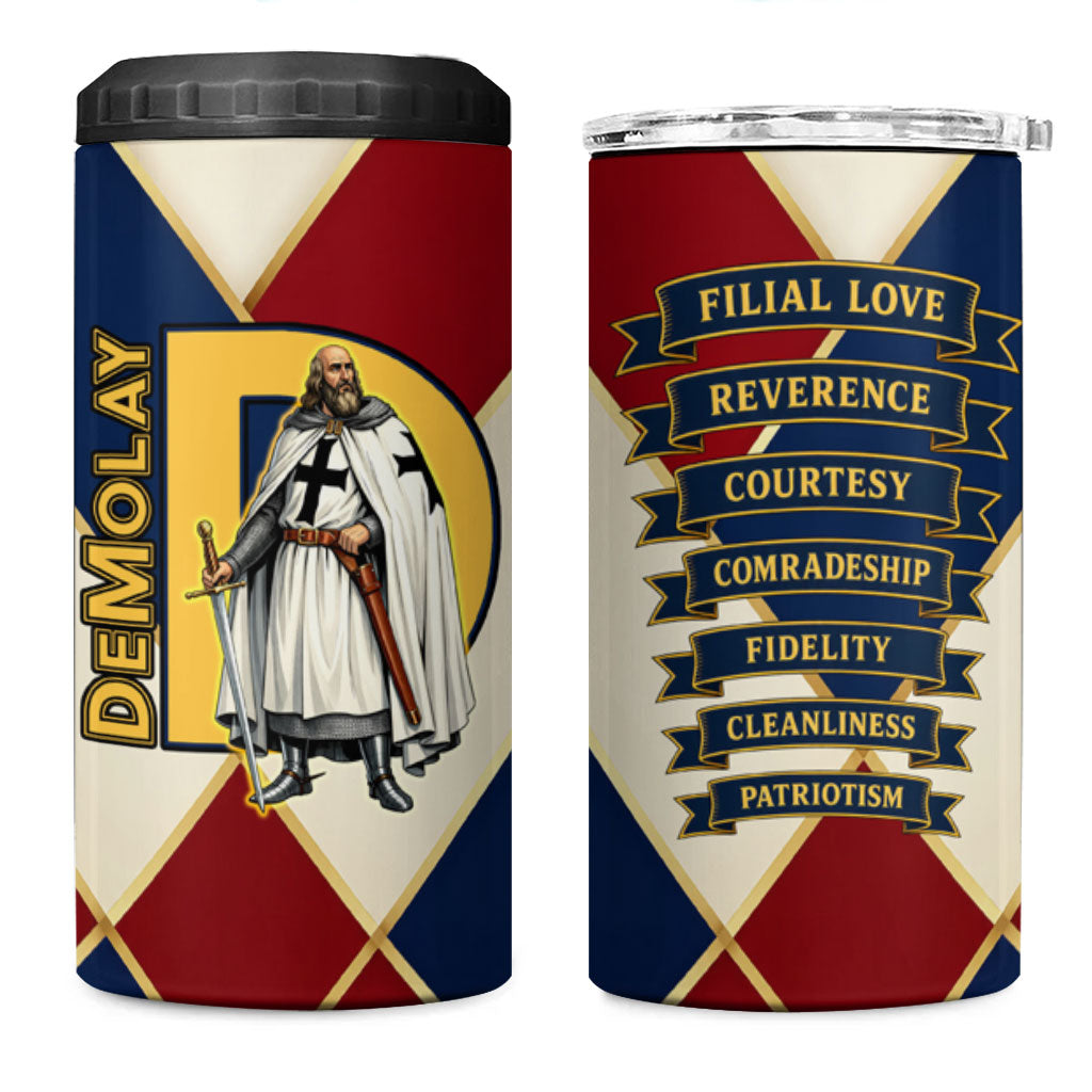 Jacques De Molay 4 in 1 Can Cooler Tumbler Crusader Knight Retro Virtues Seven Precepts