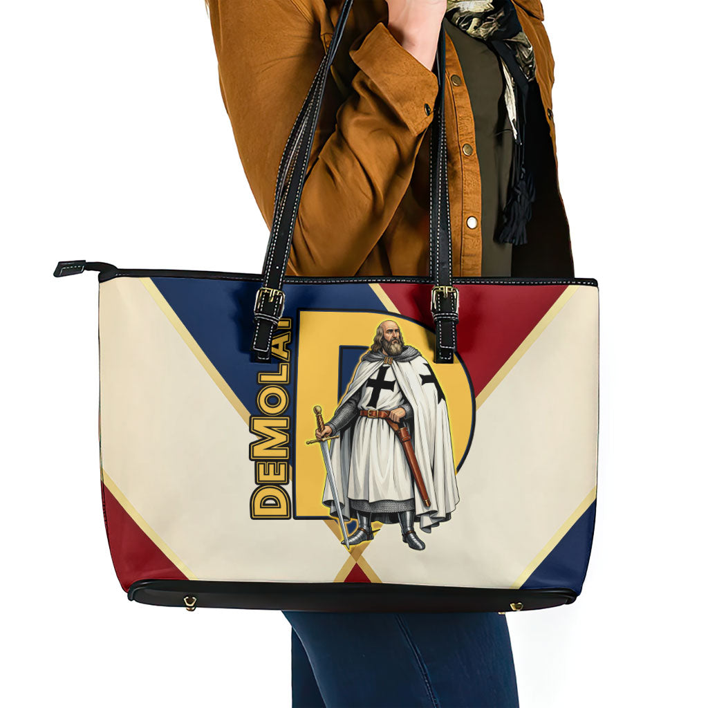 Jacques De Molay Leather Tote Bag Crusader Knight Retro Virtues Seven Precepts