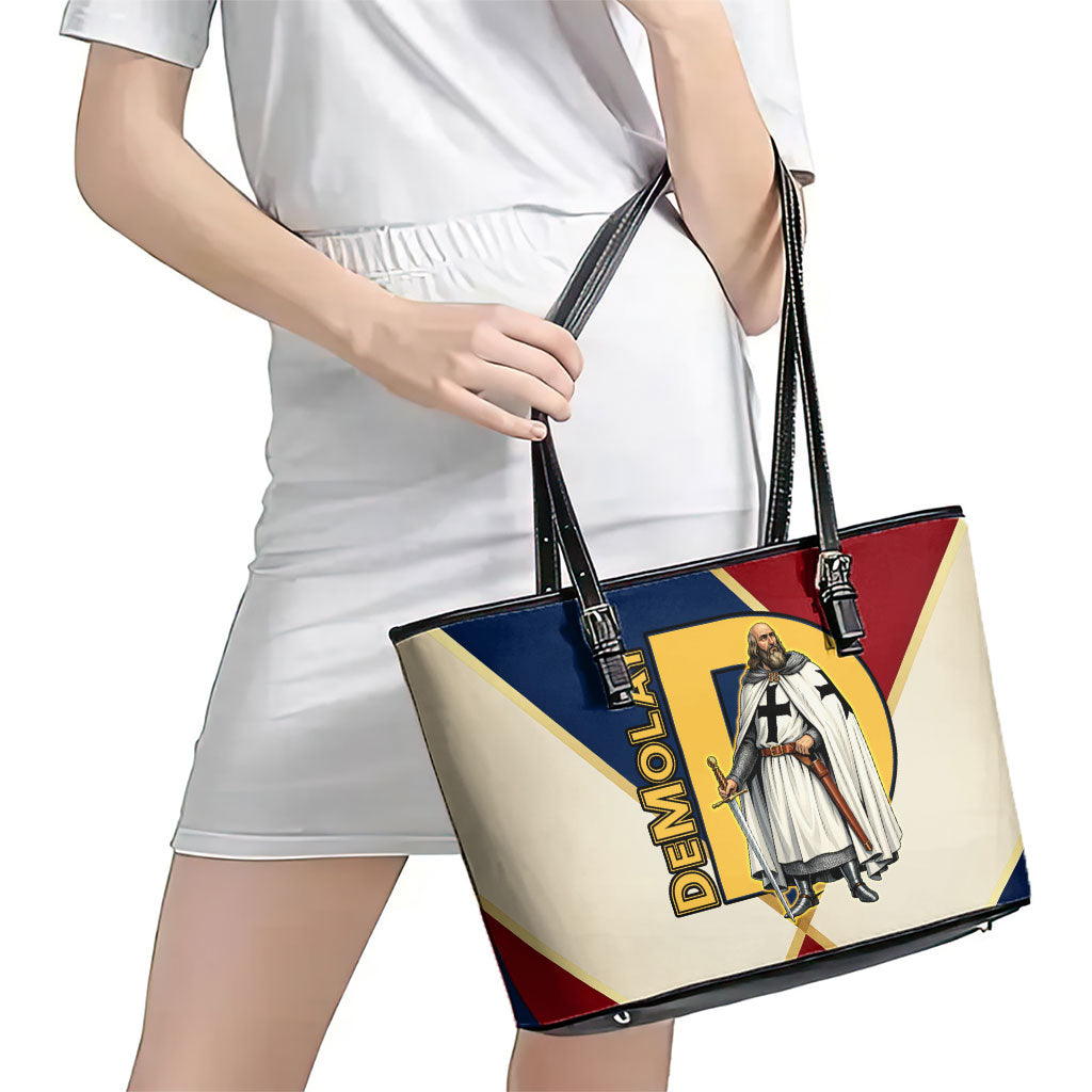Jacques De Molay Leather Tote Bag Crusader Knight Retro Virtues Seven Precepts