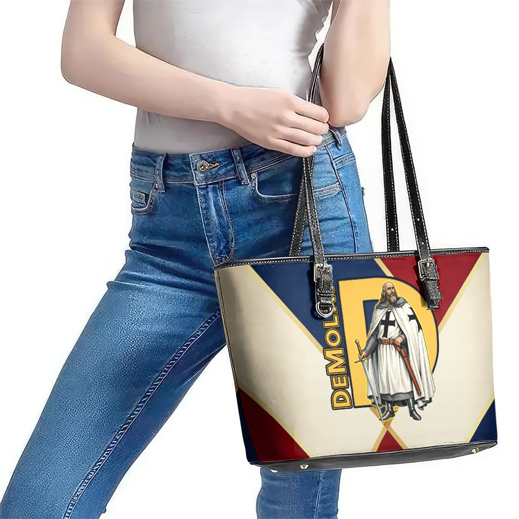 Jacques De Molay Leather Tote Bag Crusader Knight Retro Virtues Seven Precepts