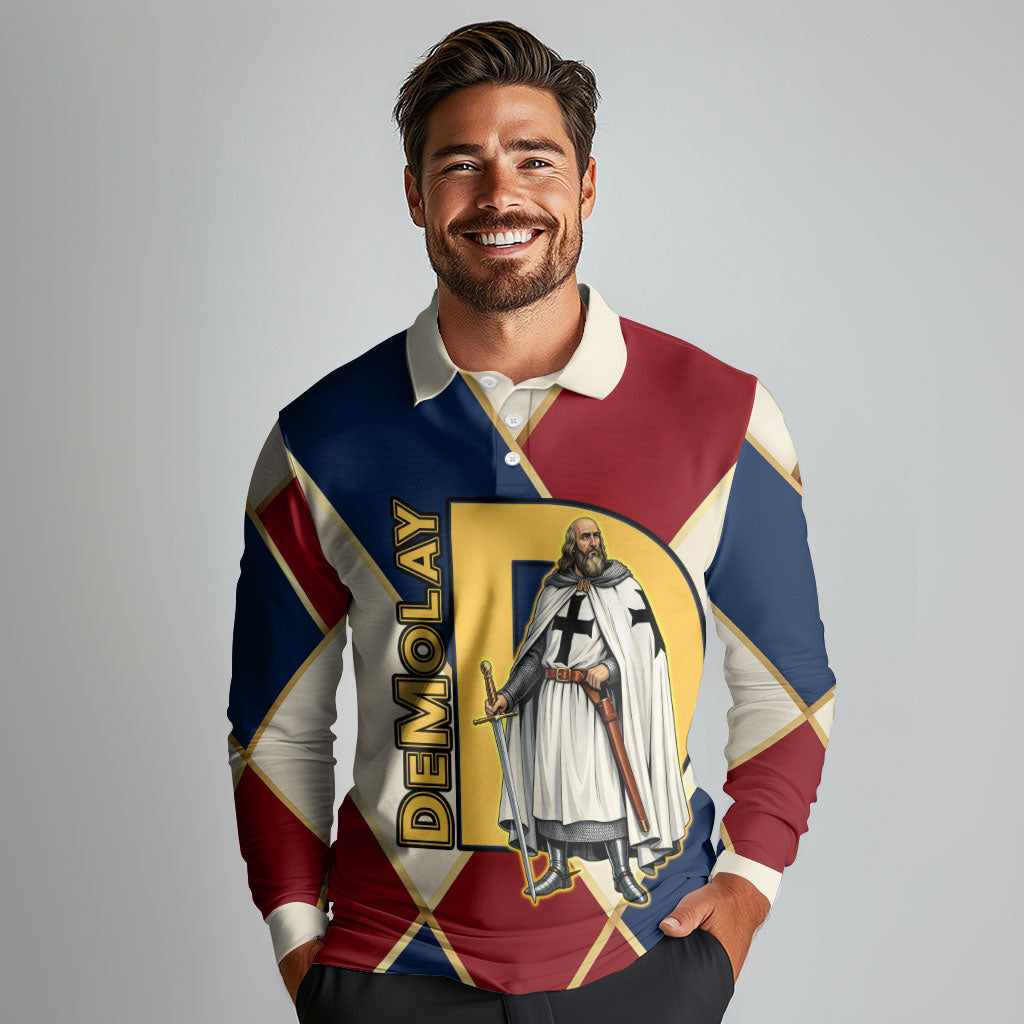 Jacques De Molay Long Sleeve Polo Shirt Crusader Knight Retro Virtues Seven Precepts