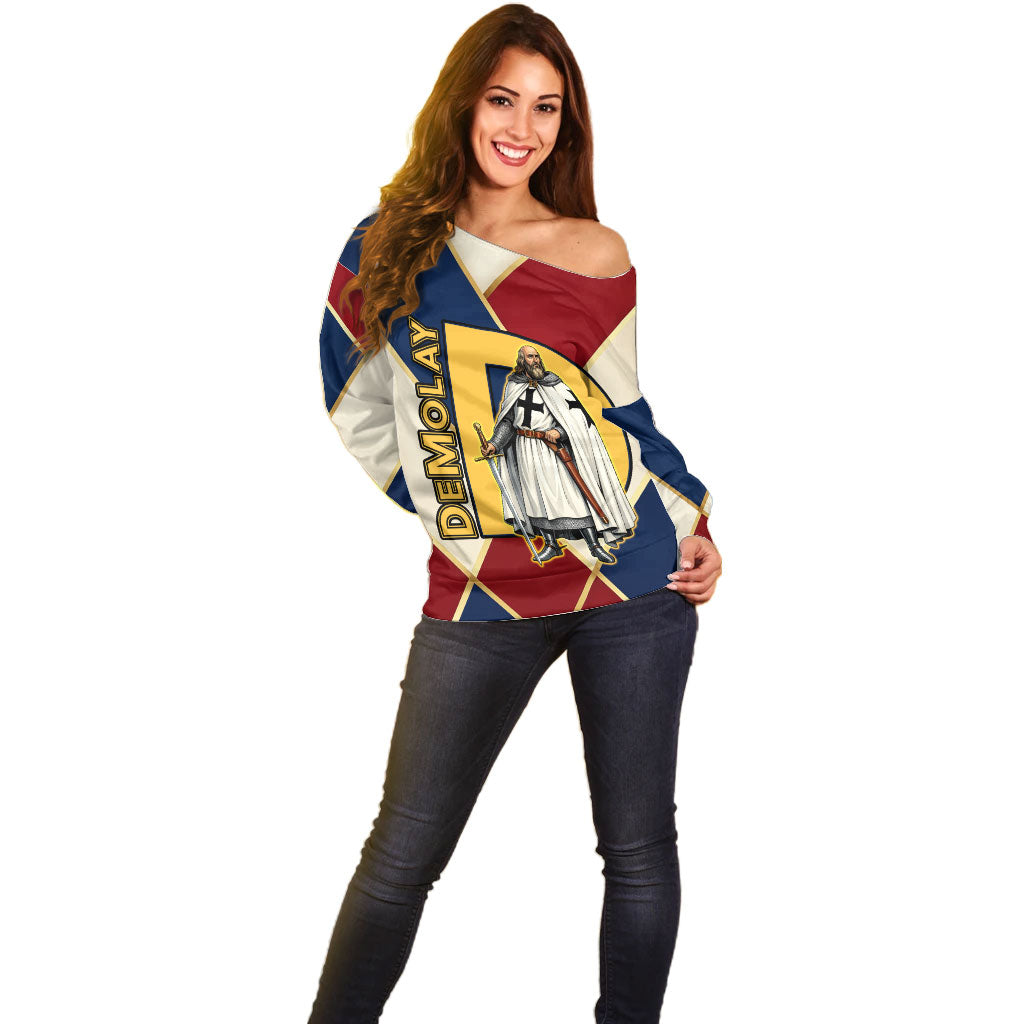 Jacques De Molay Off Shoulder Sweater Crusader Knight Retro Virtues Seven Precepts
