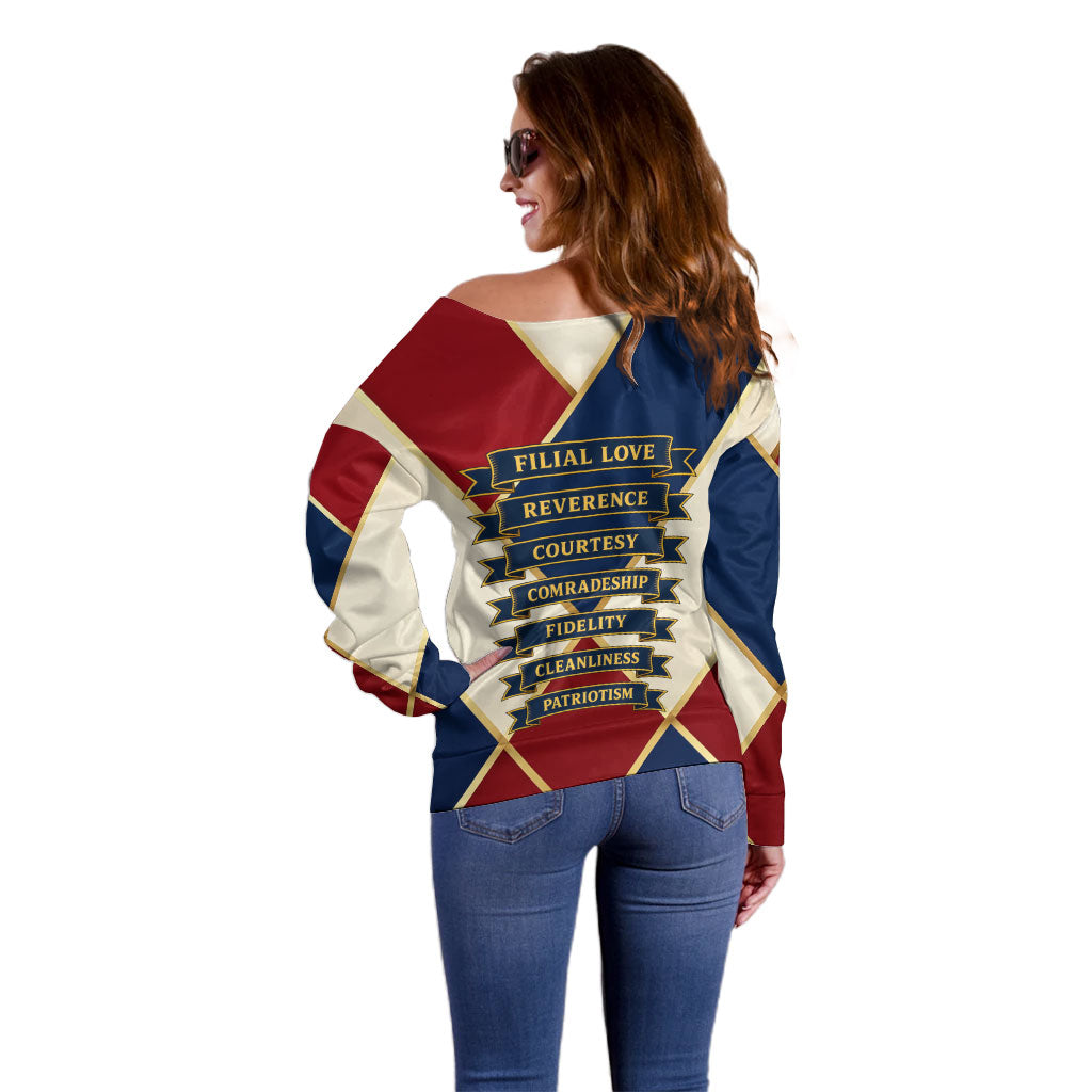 Jacques De Molay Off Shoulder Sweater Crusader Knight Retro Virtues Seven Precepts