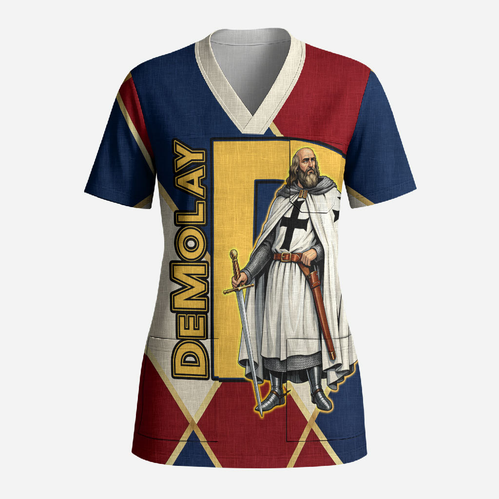 Jacques De Molay Scrub Top Crusader Knight Retro Virtues Seven Precepts