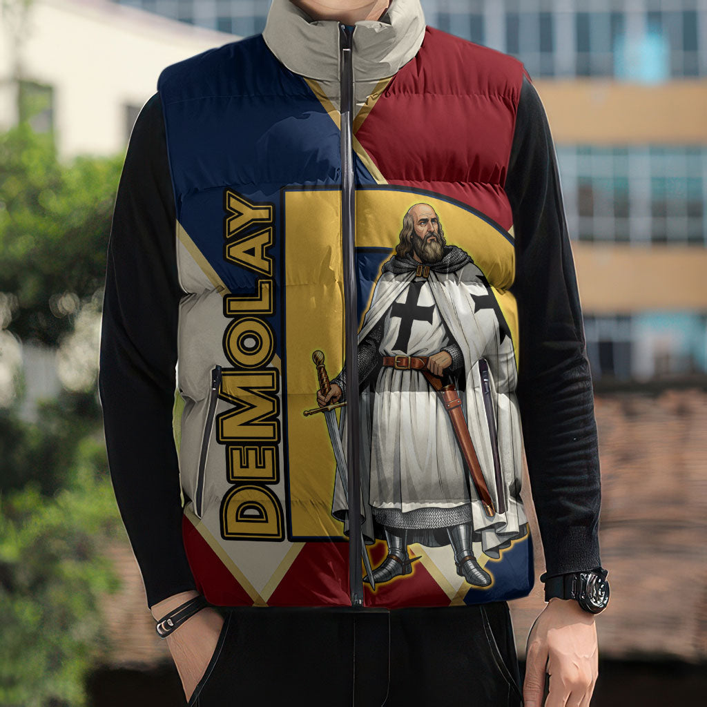 Jacques De Molay Sleeveless Puffer Jacket Crusader Knight Retro Virtues Seven Precepts