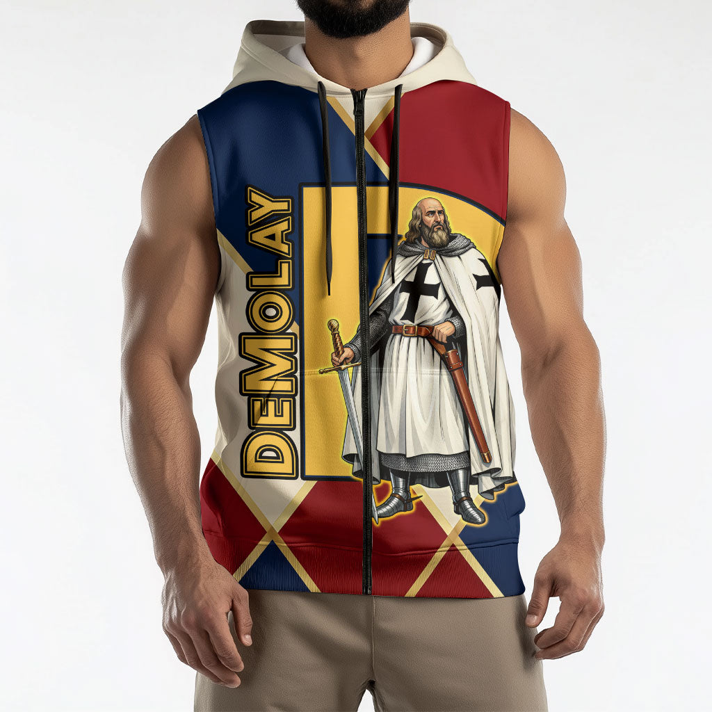 Jacques De Molay Sleeveless Zip Hoodie Crusader Knight Retro Virtues Seven Precepts