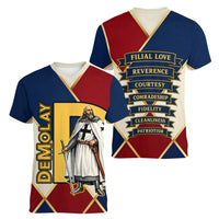 Jacques De Molay Women V-Neck T-Shirt Crusader Knight Retro Virtues Seven Precepts