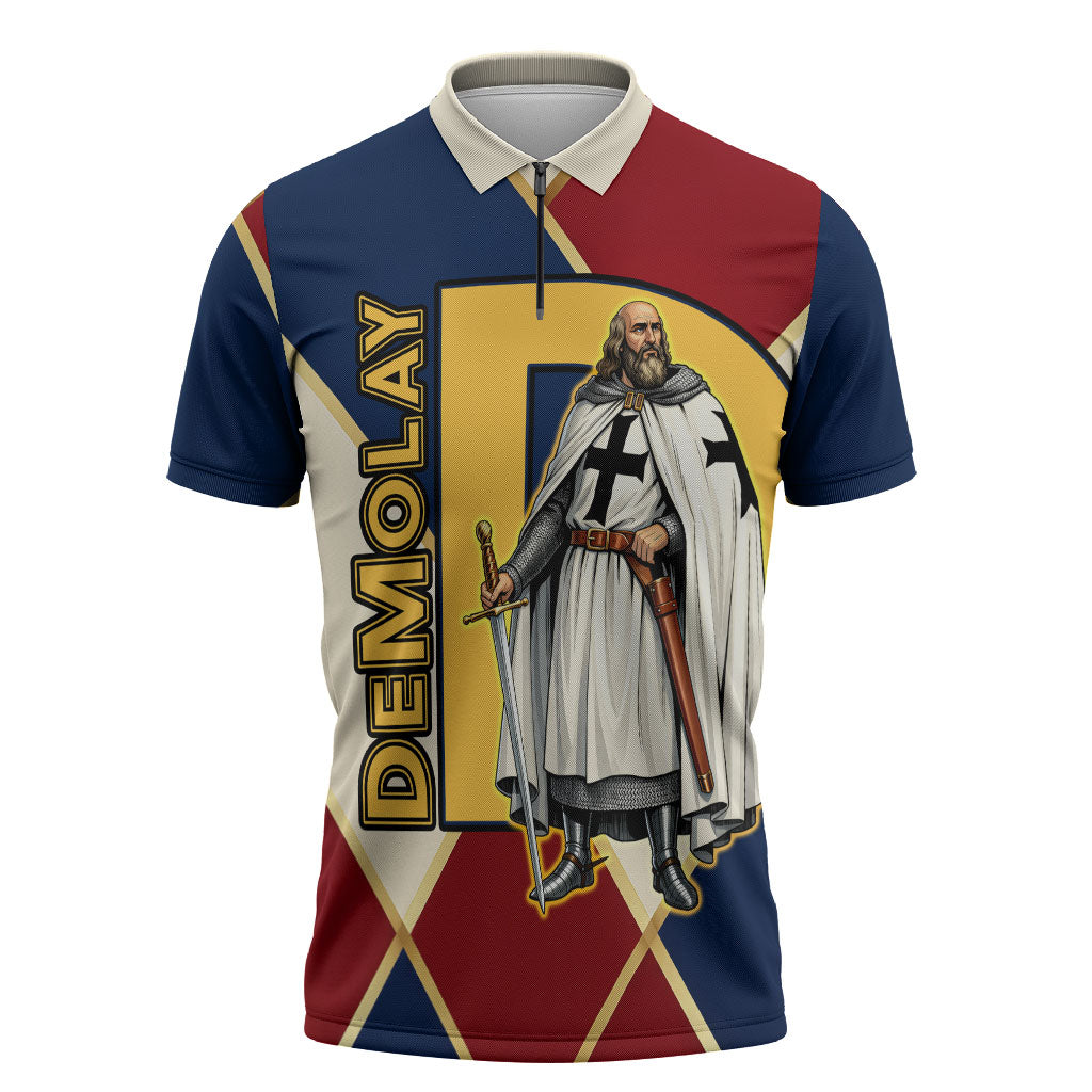 Jacques De Molay Zipper Polo Shirt Crusader Knight Retro Virtues Seven Precepts
