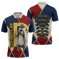Jacques De Molay Zipper Polo Shirt Crusader Knight Retro Virtues Seven Precepts