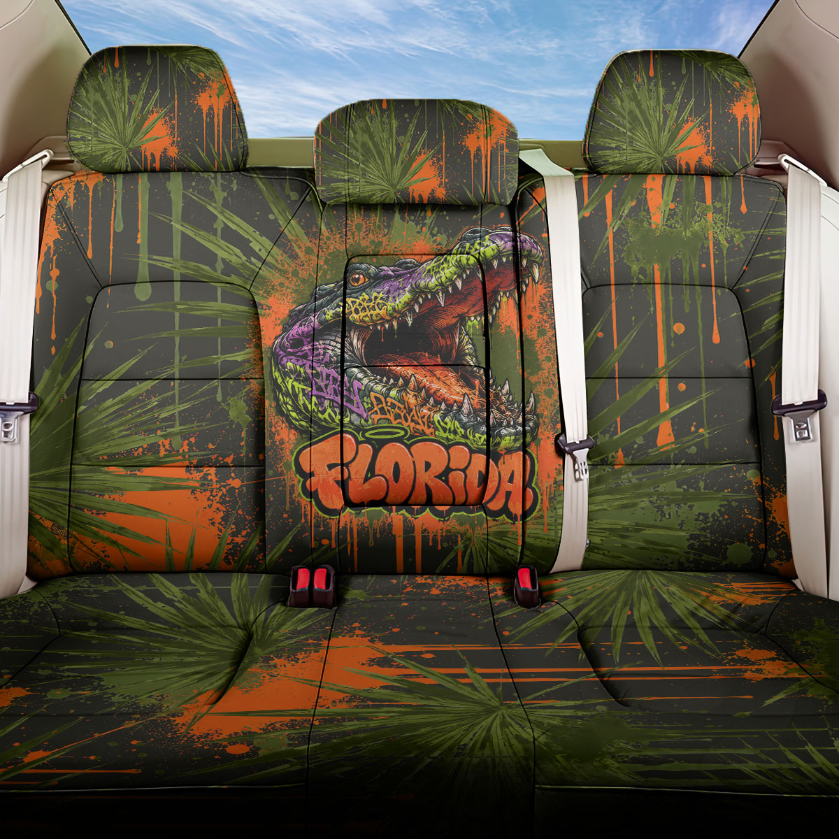 Florida Alligator Airboat Back Car Seat Cover Everglade Swamp Life Graffiti Splatter Artwork