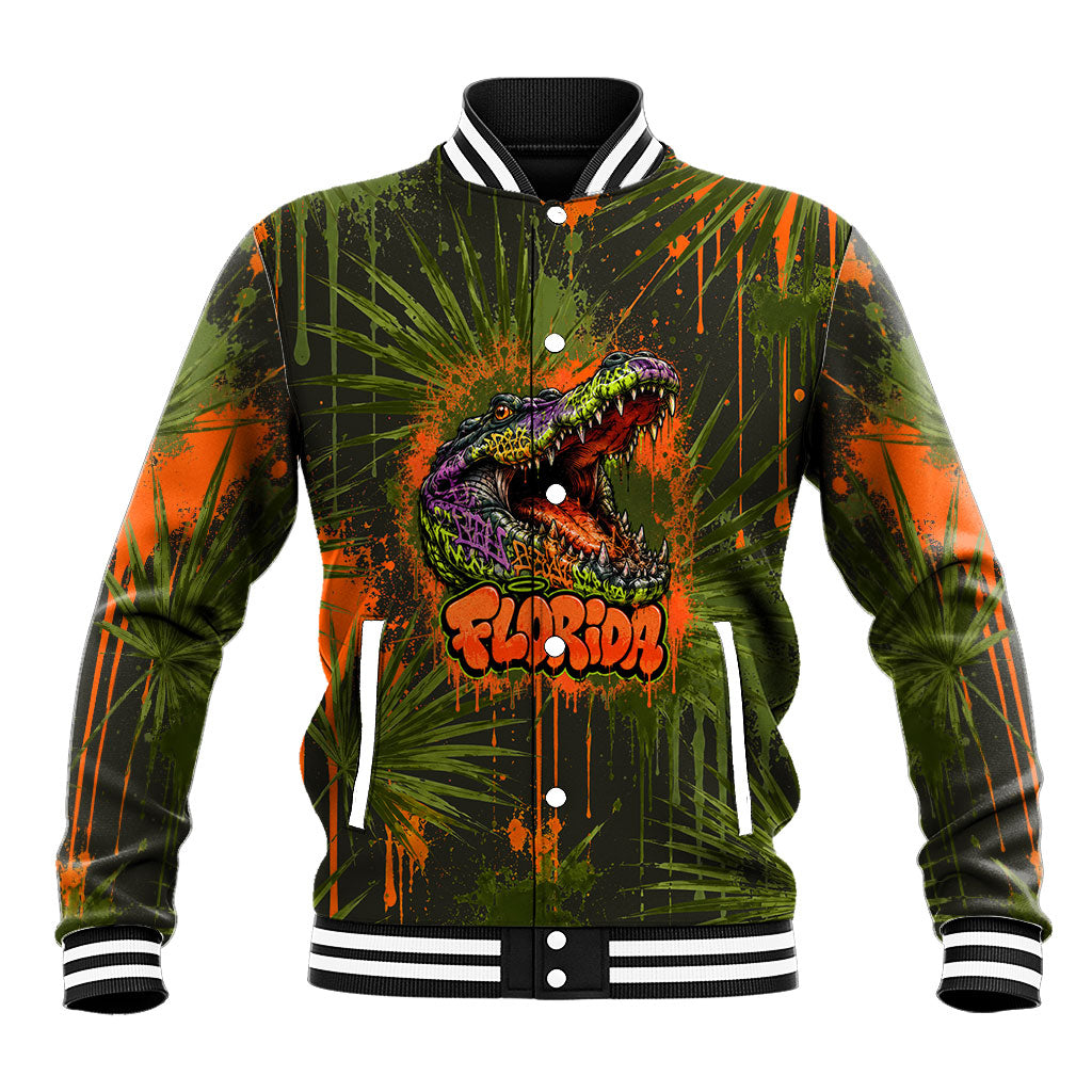 Florida Alligator Airboat Baseball Jacket Everglade Swamp Life Graffiti Splatter Artwork