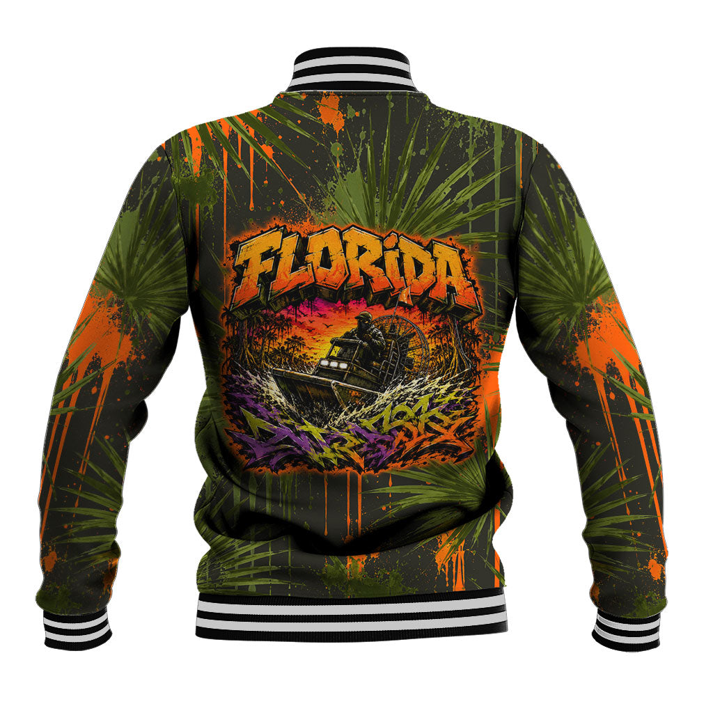 Florida Alligator Airboat Baseball Jacket Everglade Swamp Life Graffiti Splatter Artwork