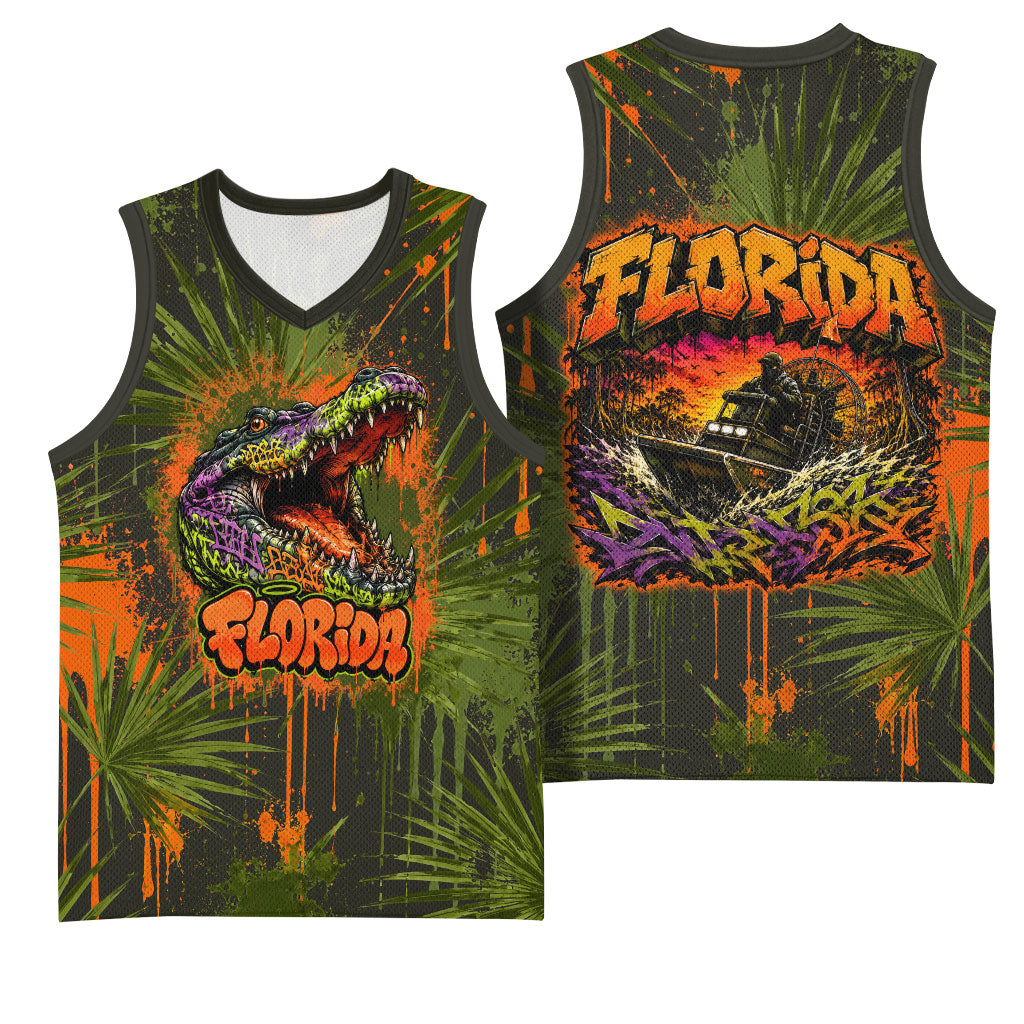 Florida Alligator Airboat Basketball Jersey Everglade Swamp Life Graffiti Splatter Artwork
