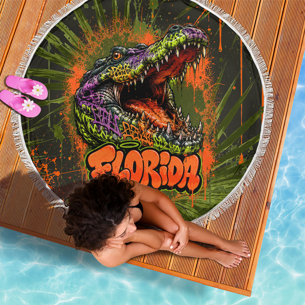 Florida Alligator Airboat Beach Blanket Everglade Swamp Life Graffiti Splatter Artwork