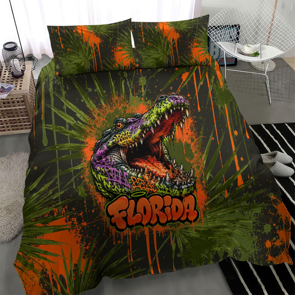 Florida Alligator Airboat Bedding Set Everglade Swamp Life Graffiti Splatter Artwork