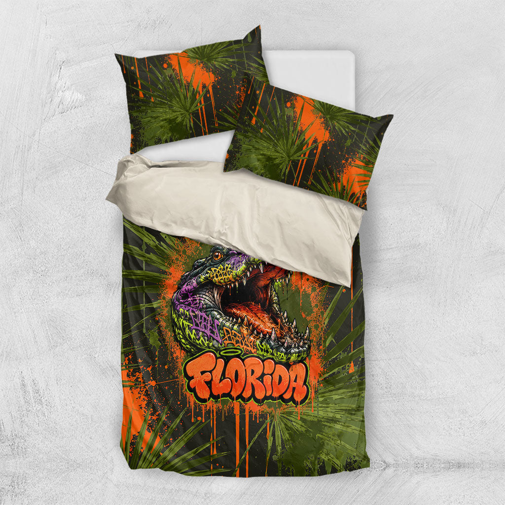 Florida Alligator Airboat Bedding Set Everglade Swamp Life Graffiti Splatter Artwork