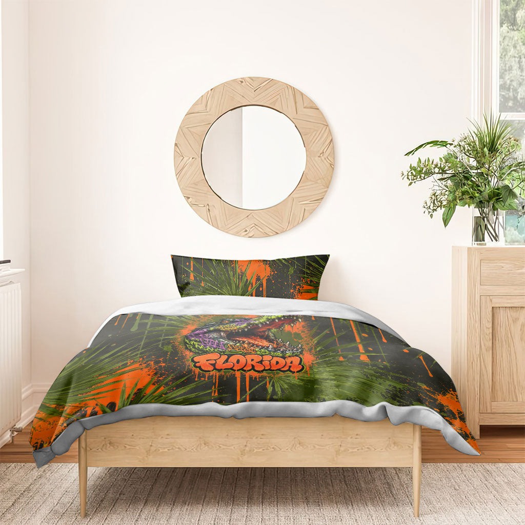 Florida Alligator Airboat Bedding Set Everglade Swamp Life Graffiti Splatter Artwork