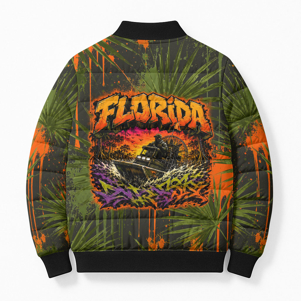 Florida Alligator Airboat Bomber Puffer Jacket Everglade Swamp Life Graffiti Splatter Artwork