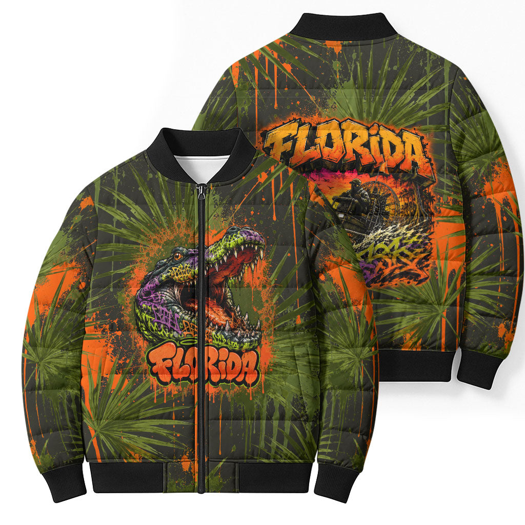 Florida Alligator Airboat Bomber Puffer Jacket Everglade Swamp Life Graffiti Splatter Artwork