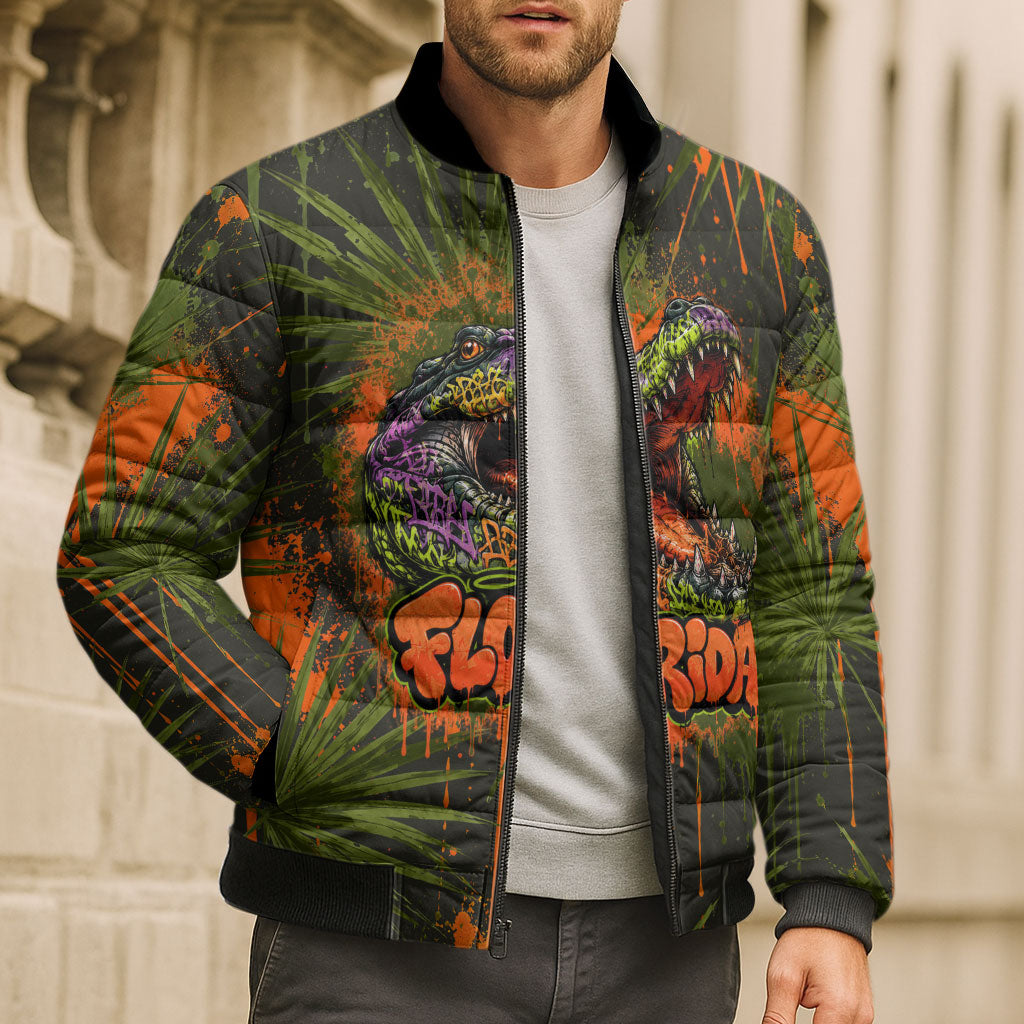 Florida Alligator Airboat Bomber Puffer Jacket Everglade Swamp Life Graffiti Splatter Artwork
