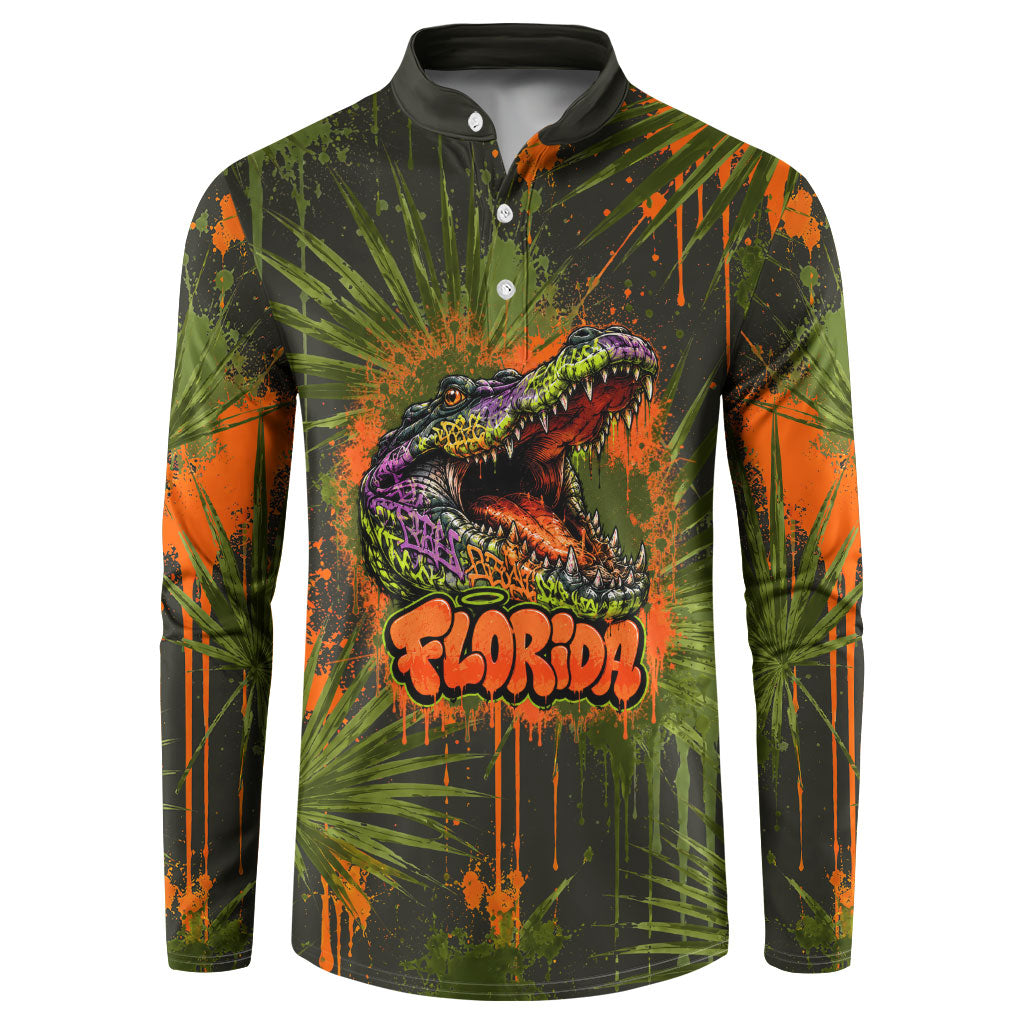 Florida Alligator Airboat Button Sweatshirt Everglade Swamp Life Graffiti Splatter Artwork