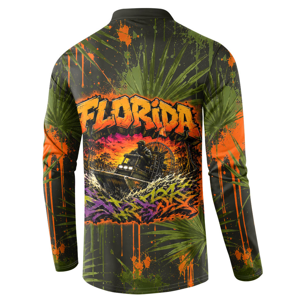 Florida Alligator Airboat Button Sweatshirt Everglade Swamp Life Graffiti Splatter Artwork