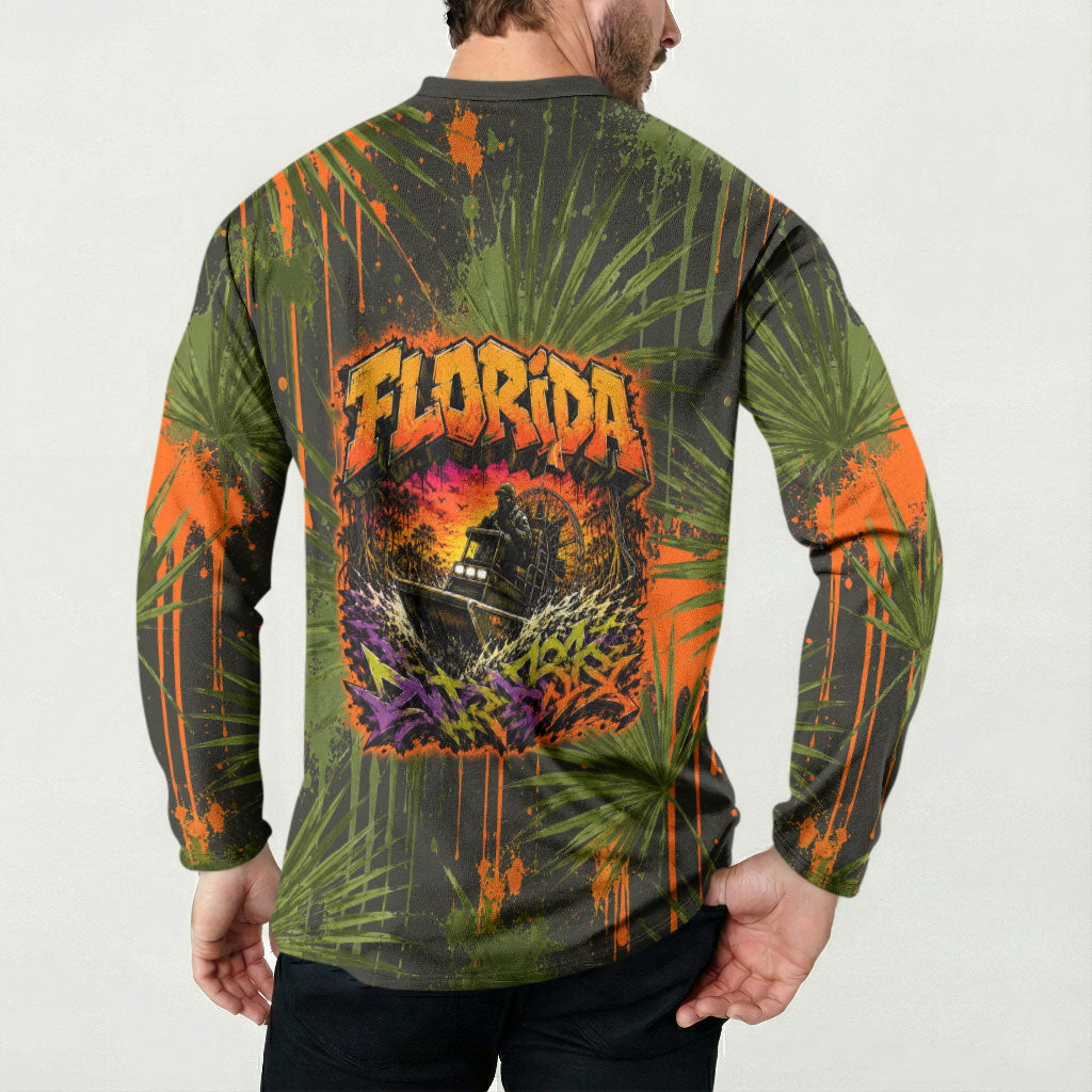 Florida Alligator Airboat Button Sweatshirt Everglade Swamp Life Graffiti Splatter Artwork