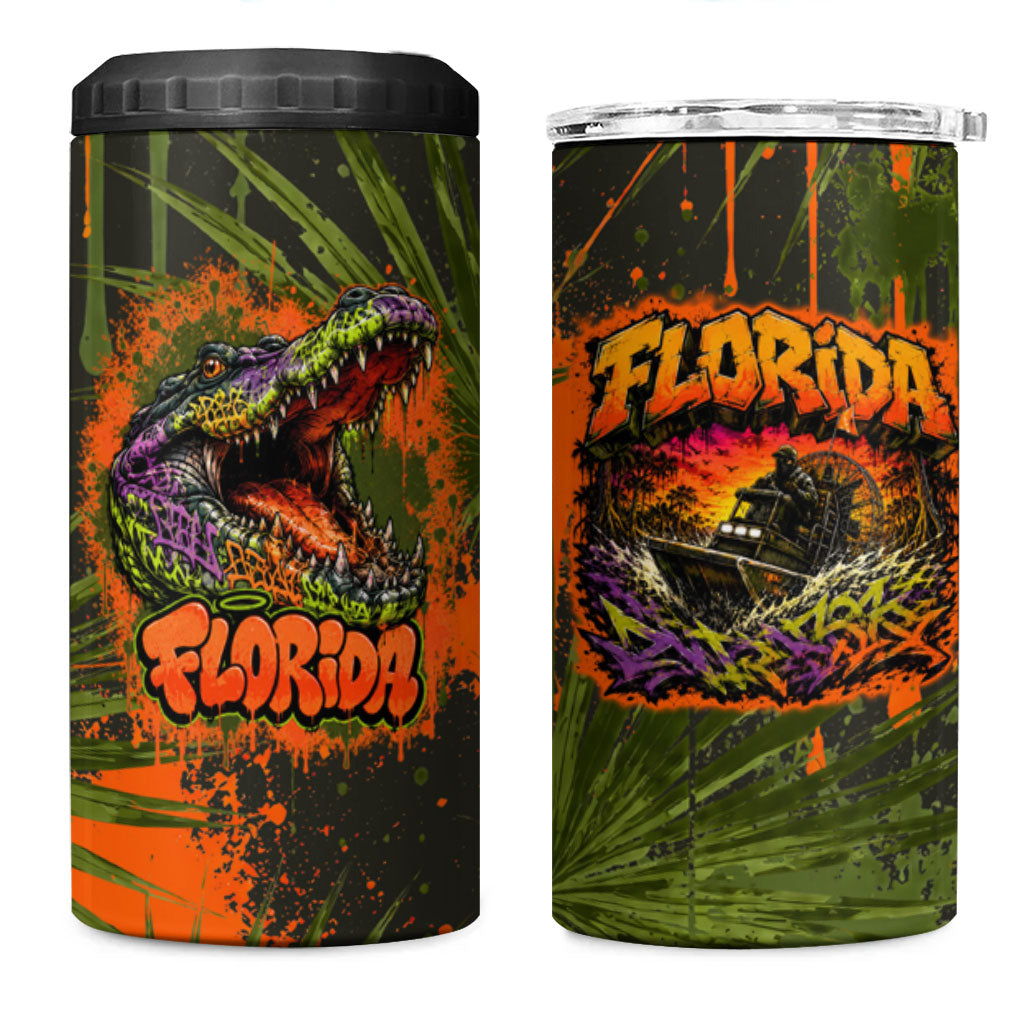 Florida Alligator Airboat 4 in 1 Can Cooler Tumbler Everglade Swamp Life Graffiti Splatter Artwork