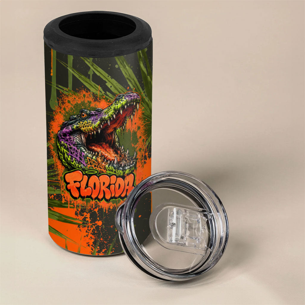 Florida Alligator Airboat 4 in 1 Can Cooler Tumbler Everglade Swamp Life Graffiti Splatter Artwork