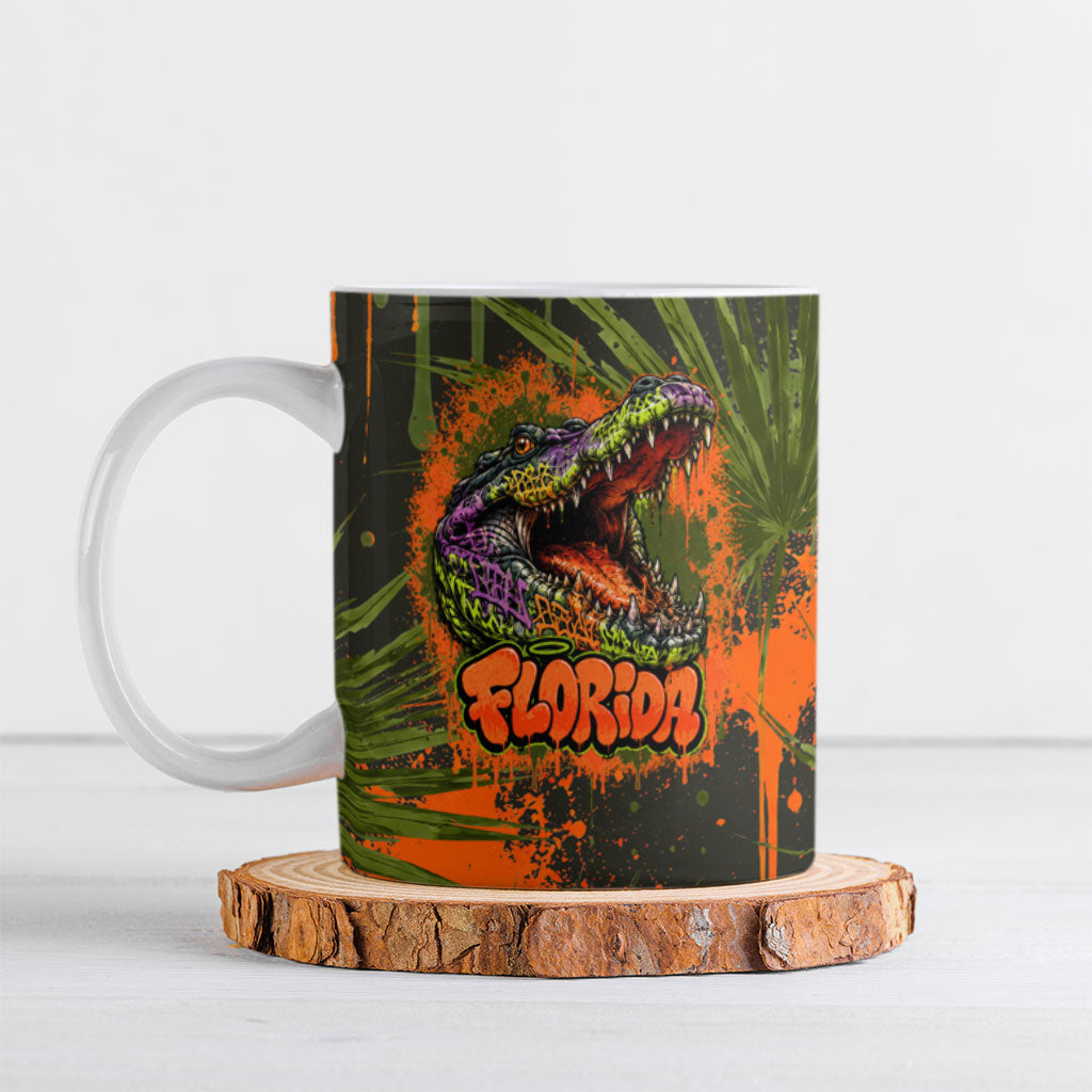 Florida Alligator Airboat Ceramic Mug Everglade Swamp Life Graffiti Splatter Artwork