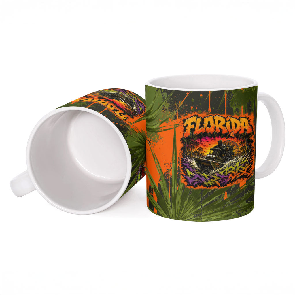 Florida Alligator Airboat Ceramic Mug Everglade Swamp Life Graffiti Splatter Artwork